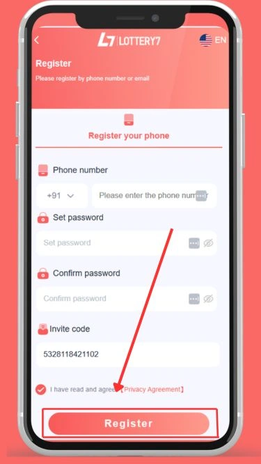 Lottey 7 register page